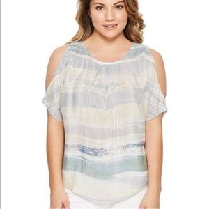 EUC NIC+ZOE Top Watercolor Cold Shoulder Silk Blend Blouse Blue Neutrals Size XL